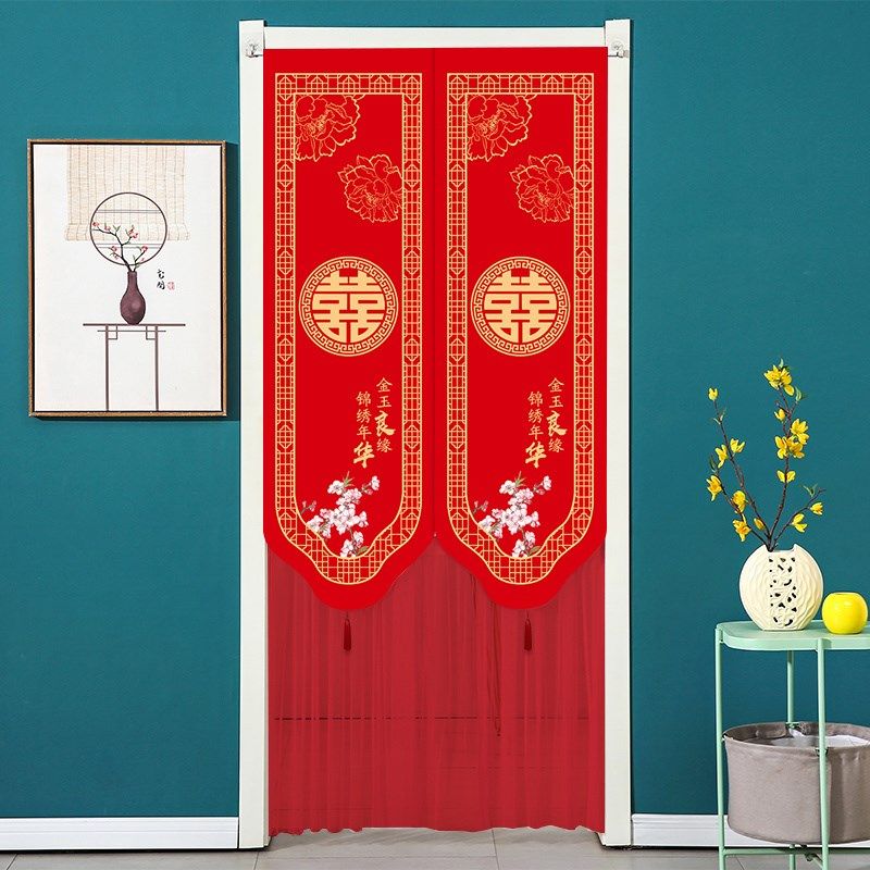 结婚红门帘婚房门红色喜庆婚庆2024新款网纱卧室隔断帘免打孔门帘