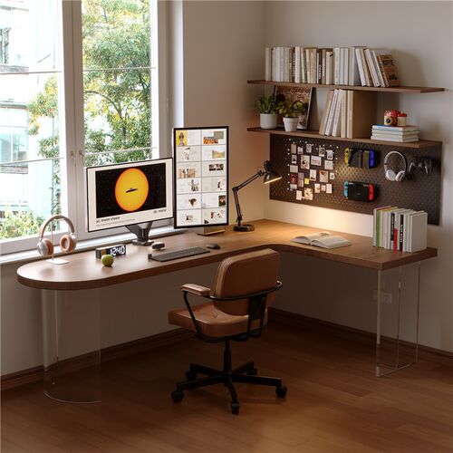 实木转角桌卧室L型拐角书桌书架洞洞板一体学习桌双人靠墙电脑桌