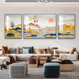 饰画高档福鹿山水壁画现代轻奢沙发背景墙三联挂画 家和富贵客厅装