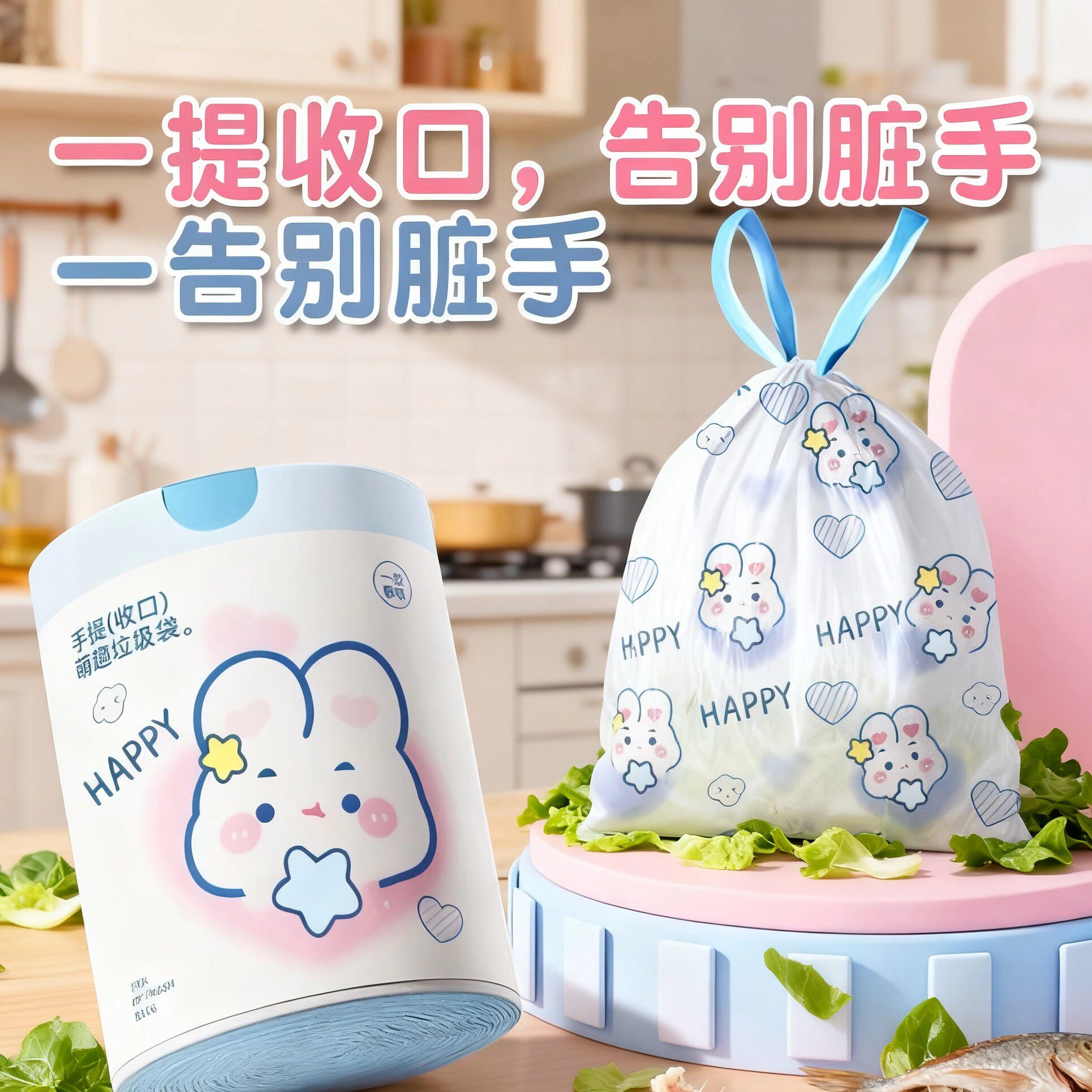 卡通高颜值抽绳垃圾袋家用厨房手提式加厚印花10只装手提袋子可爱