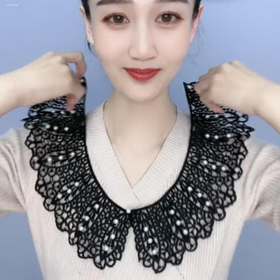 新款贝珠蕾丝假领韩版春夏镂空木棉丝百搭V领圆领旗袍装饰颈部