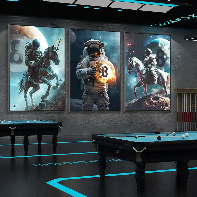黑八桌球宇航员海报装饰台球厅挂画轻奢高级感娱乐会所墙面墙壁画