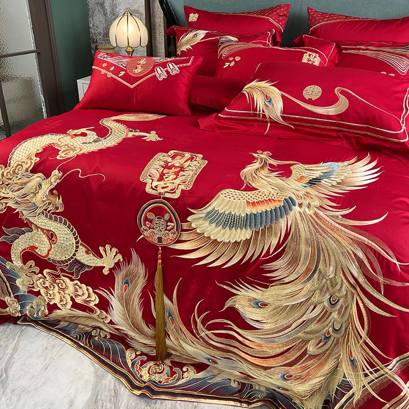 高端140支匹马棉刺绣四件套100全棉婚庆结婚龙凤被套新婚中式床品