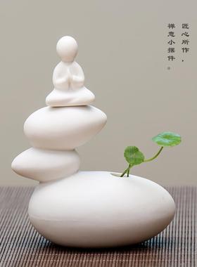 创意简约禅意陶瓷无相佛水培花插小生人物佛像小和尚茶宠中式摆件
