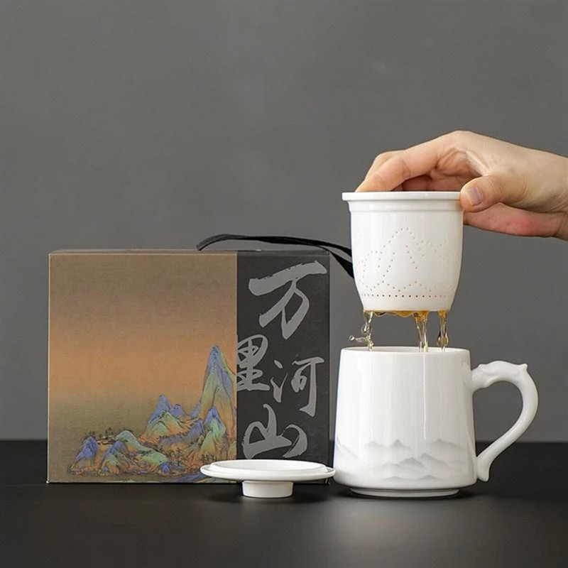 恒玉集茶水分离白瓷茶杯马克杯带盖办公室会议专用陶瓷水杯礼盒