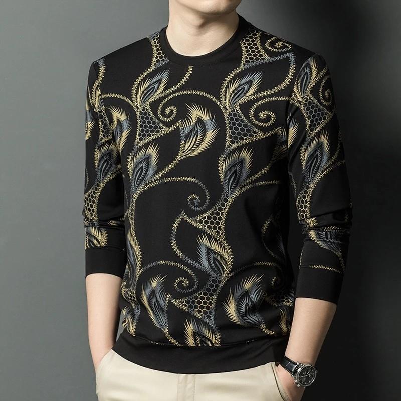 福燚辉休闲男装专营店春秋印花M圆领宽松中年男士长袖卫衣打底衫