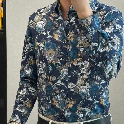 绅度轩服饰LMVQ秋季25桑蚕t丝绵羊毛印花男士时Q尚百搭玫瑰长袖衬