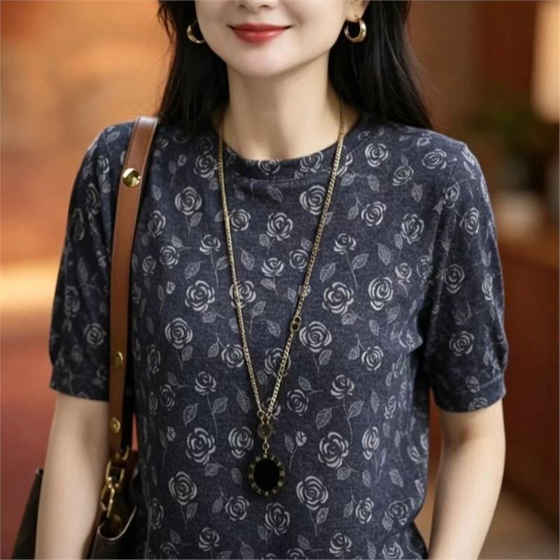夏季新款圆领短袖T恤上衣女玫瑰碎花印花显瘦减龄气质打底妈妈装