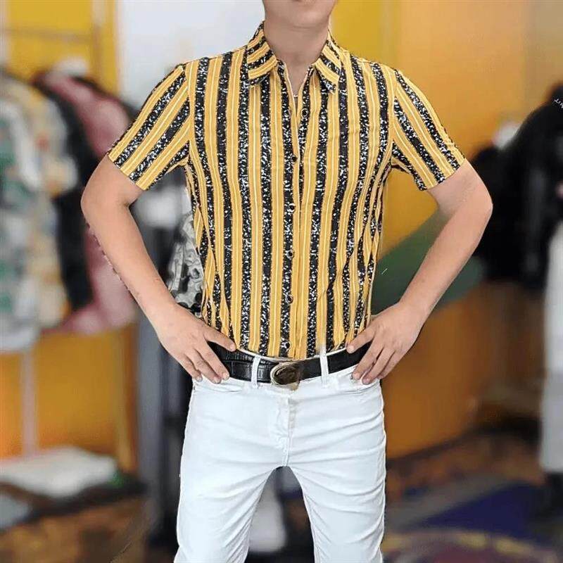 北嘉服饰夏季新款时尚男士冰丝修身弹力竖条纹短袖衬衫帅气衬衣