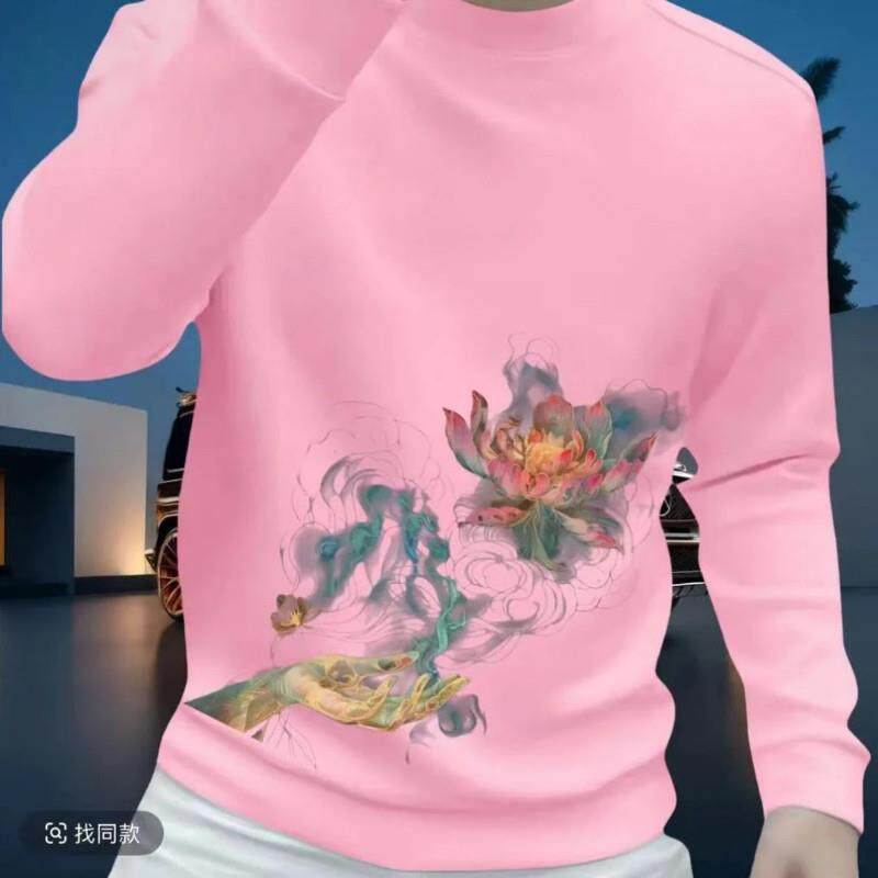 简居轻奢莲花秋冬季新l款潮牌印花卫衣男士时尚套头圆领长袖上衣
