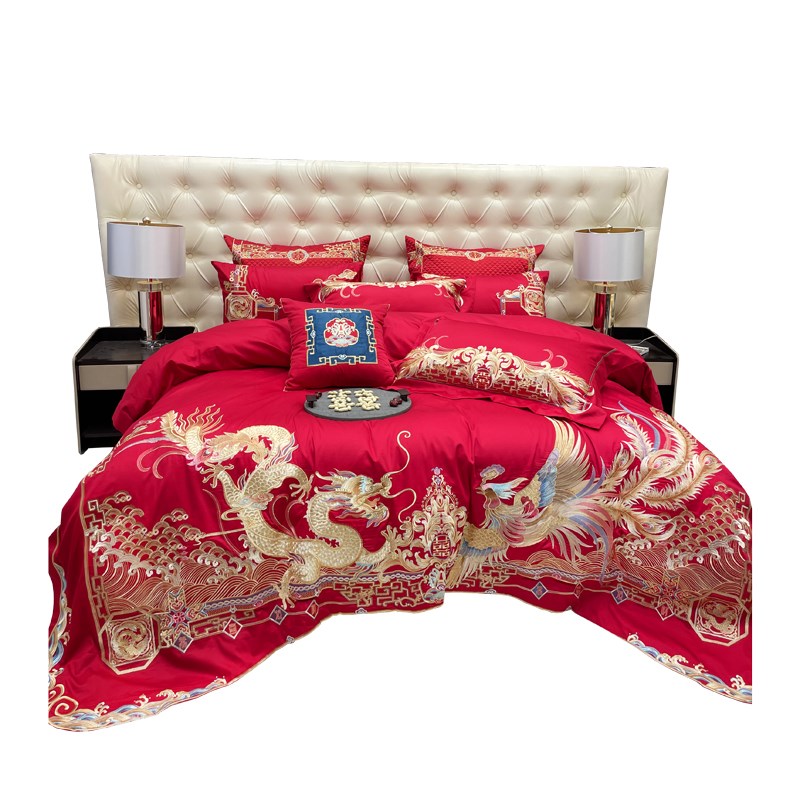 高端婚庆奢华四件套大红色全棉龙凤刺绣床单床盖款结婚床上用品