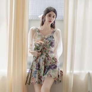 2024新款 长袖 显s瘦遮肚保守大码 夏连体裙式 高级感温泉泳 泳衣女款