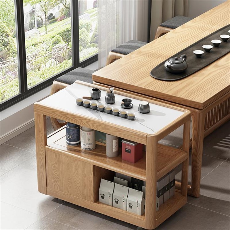 实木沙发边柜北美橡木侧柜带轮可移动小茶桌客厅现代简约岩板角几