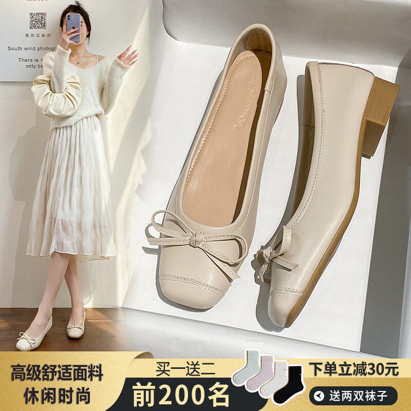 法式软皮粗跟f单鞋女鞋2025春夏秋新款低跟浅口方头奶奶鞋软底大