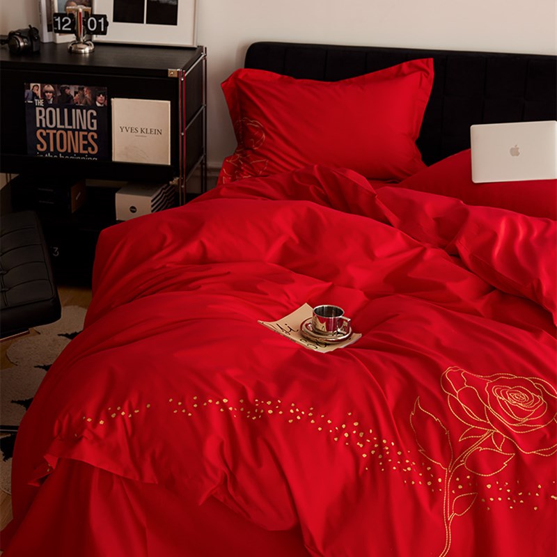 A类全棉婚庆大红四件套纯棉长绒棉刺绣被套床单床上用品套件