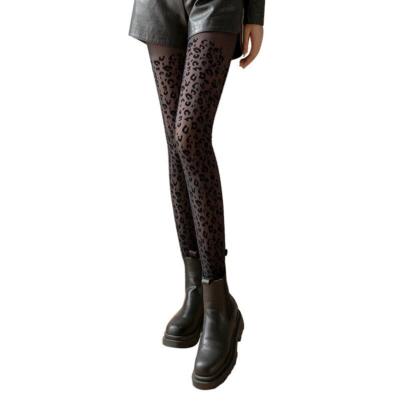 豹纹打底裤女加绒秋冬丝袜保暖黑色女款秋季女士连脚拼接裤袜加厚