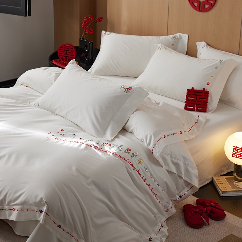 花开并蒂~婚庆100S全棉四件套A类纯棉结婚红色被套床单陪嫁娶床品