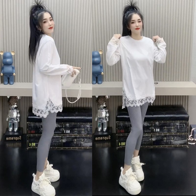 2025秋冬女时尚设计感显瘦w宽松长袖蕾丝拼接大版打底衫中长款内