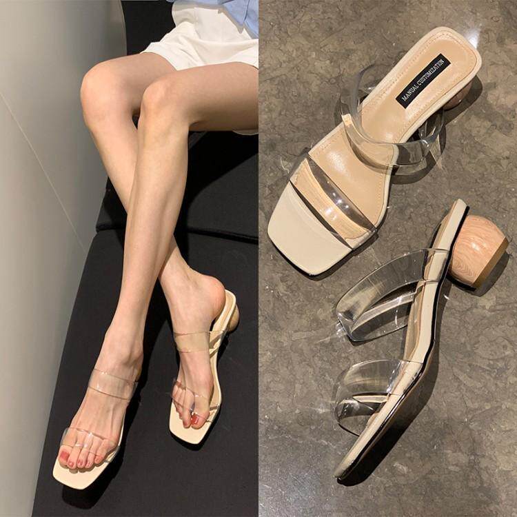 夏季拖鞋一字型中跟透明大码女拖新款4042N码脚宽胖大码女拖鞋潮
