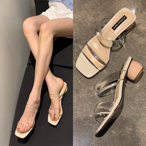 夏季拖鞋一字型中跟透明大码女拖新款4042N码脚宽胖大码女拖鞋潮