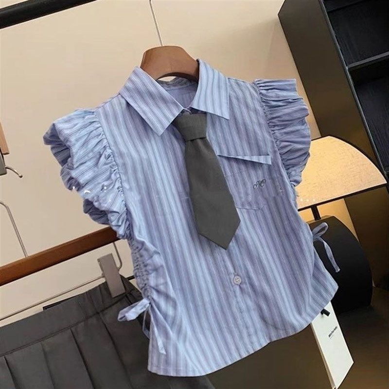 女大童夏装学院风制服套装2025新款儿童韩版条纹衬衫百褶裙两件套