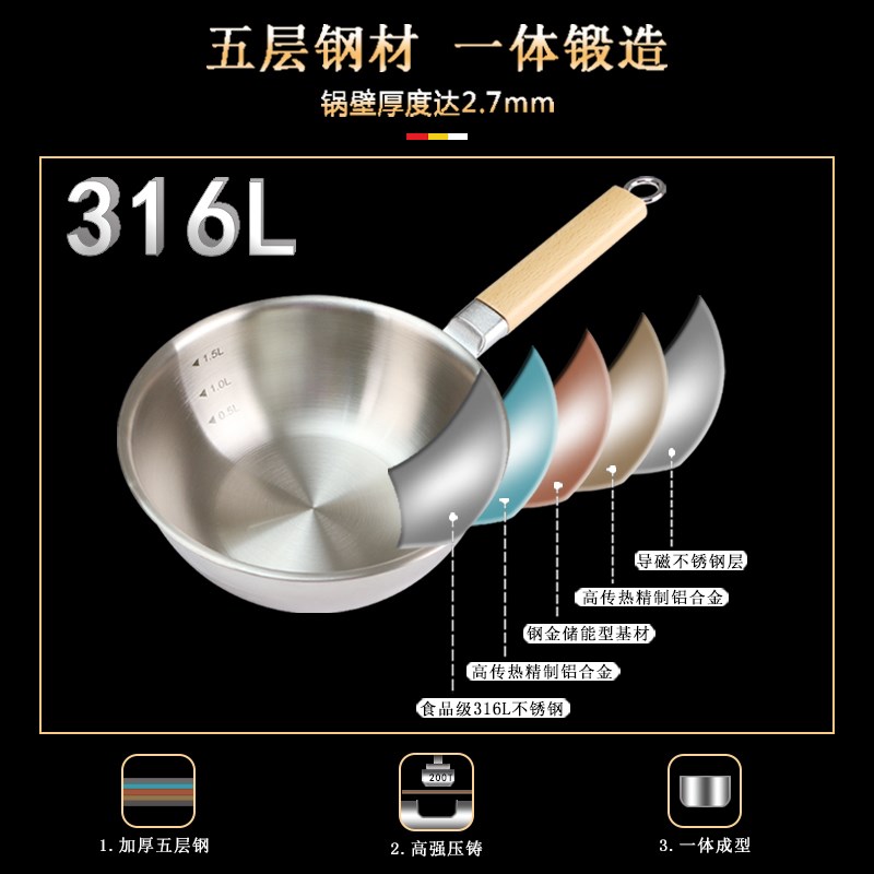 316不锈钢小炒锅迷你不粘锅一人食电磁炉家用平底无涂层炒菜锅