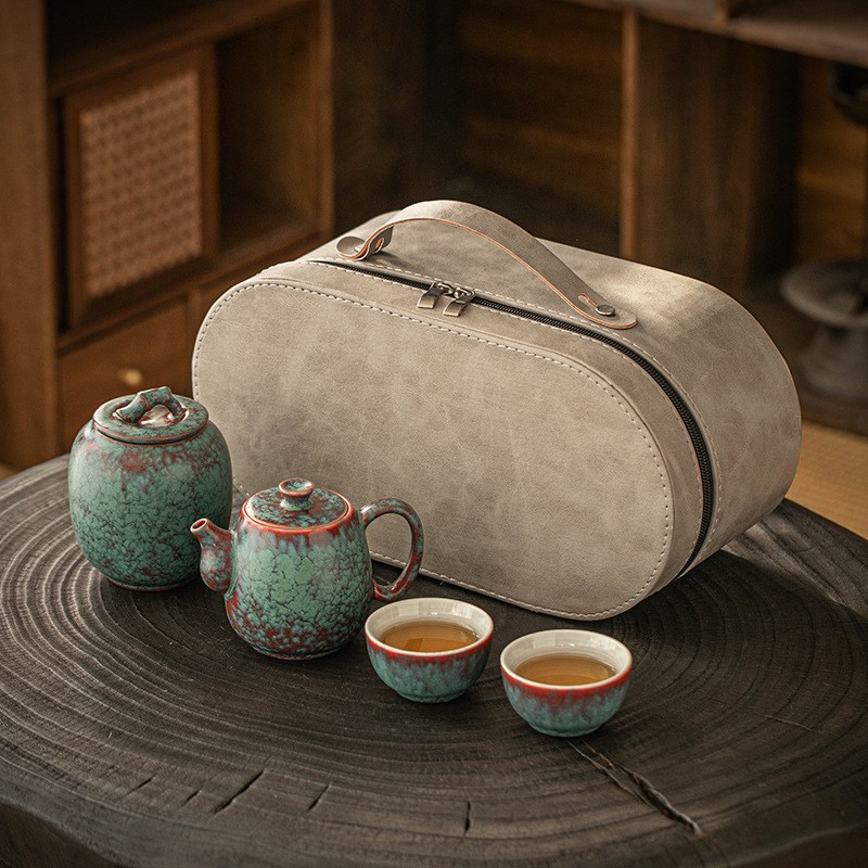 窑变旅行茶具套装陶瓷功夫茶具茶叶罐车载便携套装国庆送礼品LOGO