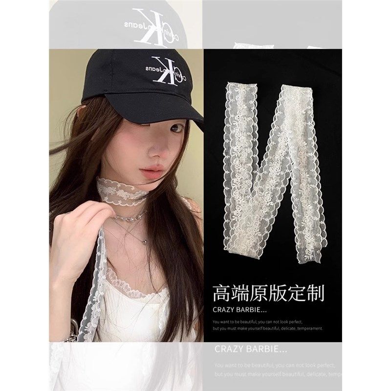 夏季薄款网纱花h朵长条丝巾窄围巾韩国ins配饰小领巾白色蕾丝围脖