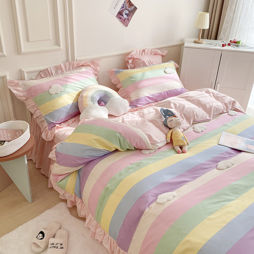 网红可爱少女心纯棉四件套彩虹被套床裙ins公主风100全棉床上用品