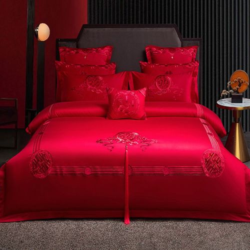 60支全棉婚庆四件套大红色结婚用纯棉被套喜被夹棉床盖床上用品A