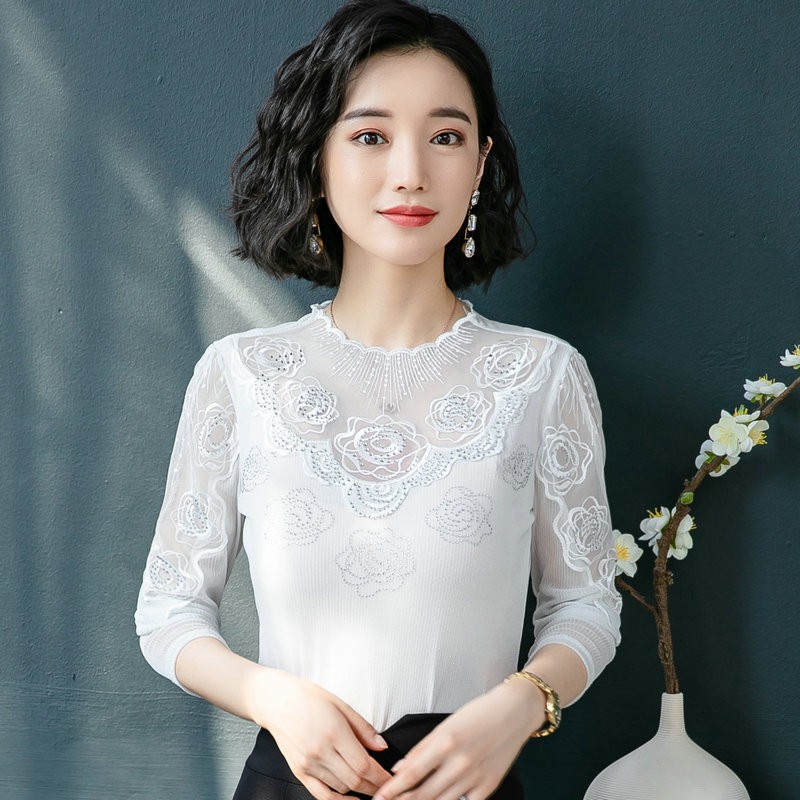 2021春秋新款立领蕾丝打底衫女长袖百搭薄款亮丝网纱上Z衣修身t恤