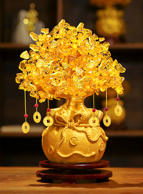 招财黄水晶发财树摆件酒柜装饰家居客厅玄关小摇钱树开业乔迁礼物