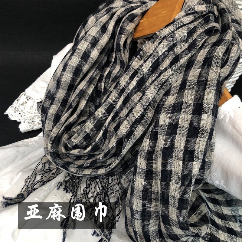 春秋季新款小格子纯亚麻围巾女薄款韩版文艺百搭长款披肩丝巾黑色