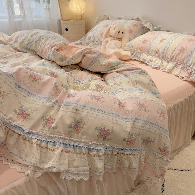 少女心法式花边小碎花全棉四件套纯棉床裙韩式纯棉被套床上用品