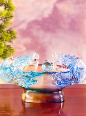 琉璃摆件双龙戏珠聚宝盆家用桌面摆件居家装饰工艺品开业乔迁送礼