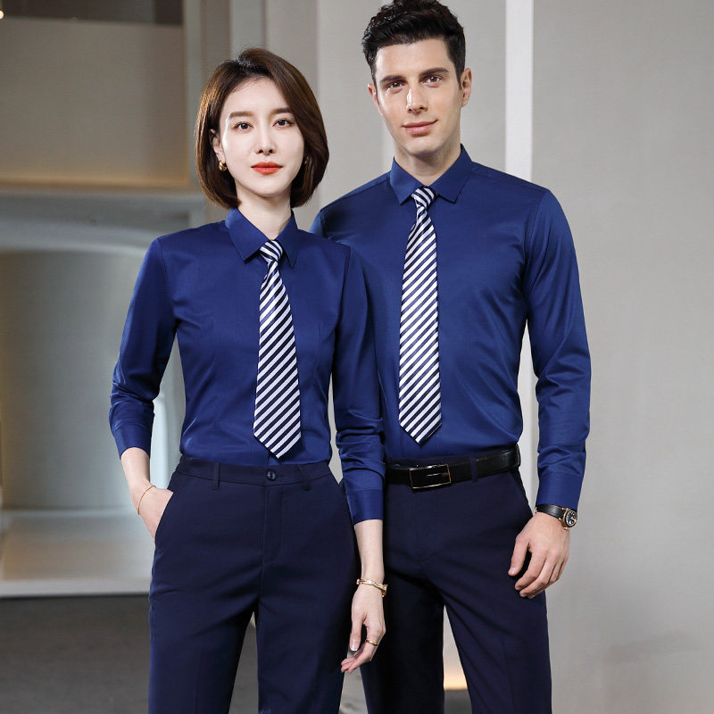职业免烫男女浅蓝色长袖衬衫套装商务工装定制工作服印字刺绣LOGO