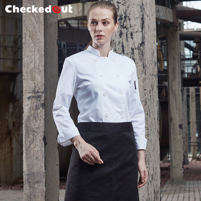 长袖厨师工作服女秋冬装西餐厅烘焙面包店M厨房服装酒店厨师服白
