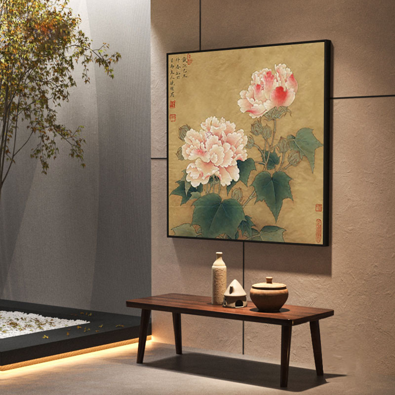 中式牡丹挂画国风古典装饰画客厅进门玄I关方形古画茶室背景墙壁