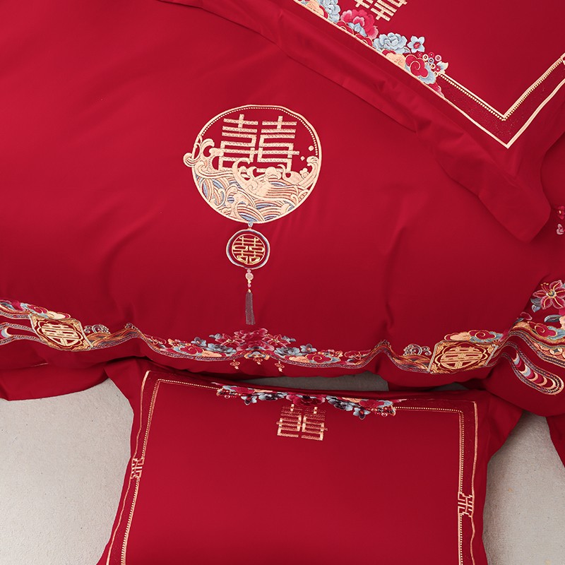冬季结婚 100支全棉磨毛婚庆四件套绣花中式暖大红色床上用品