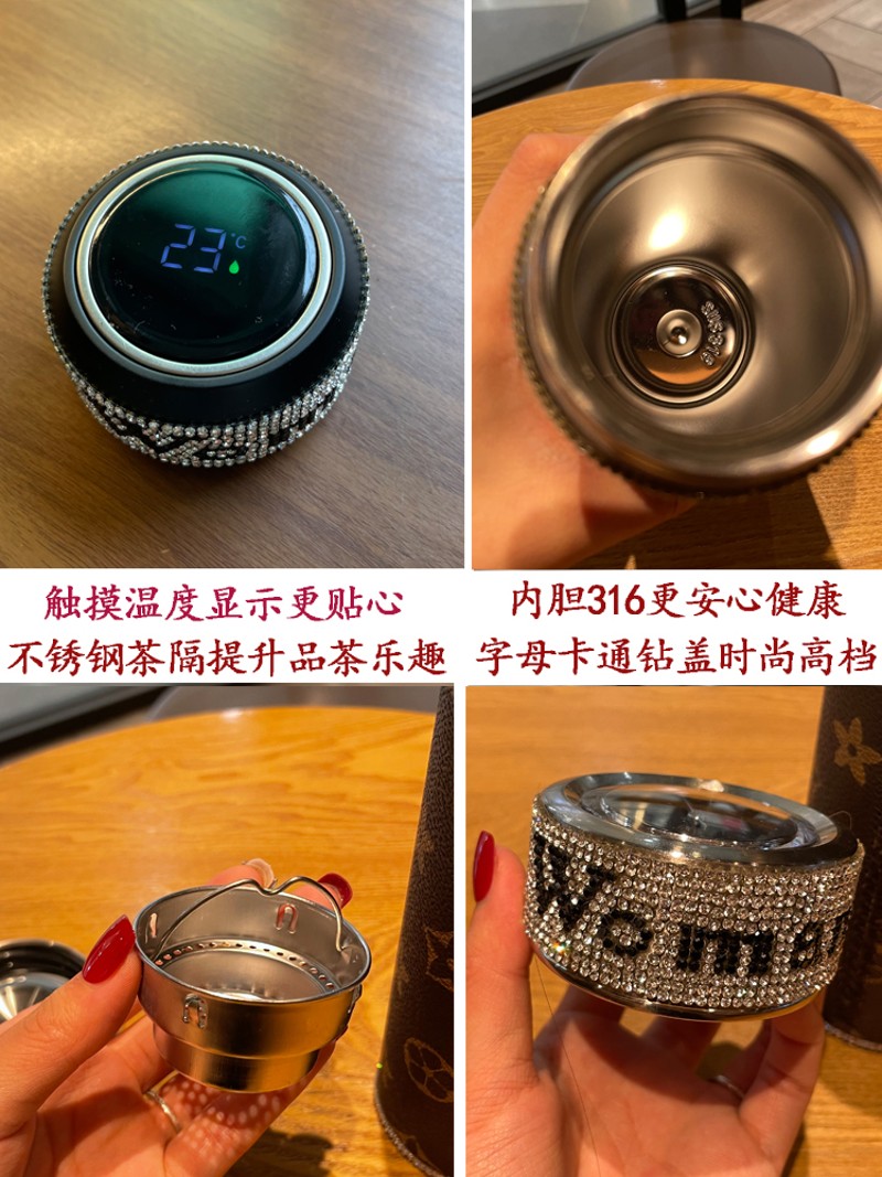 保温杯女士高颜值大容量网红水钻高端水杯宽肩带斜挎便携ins杯子