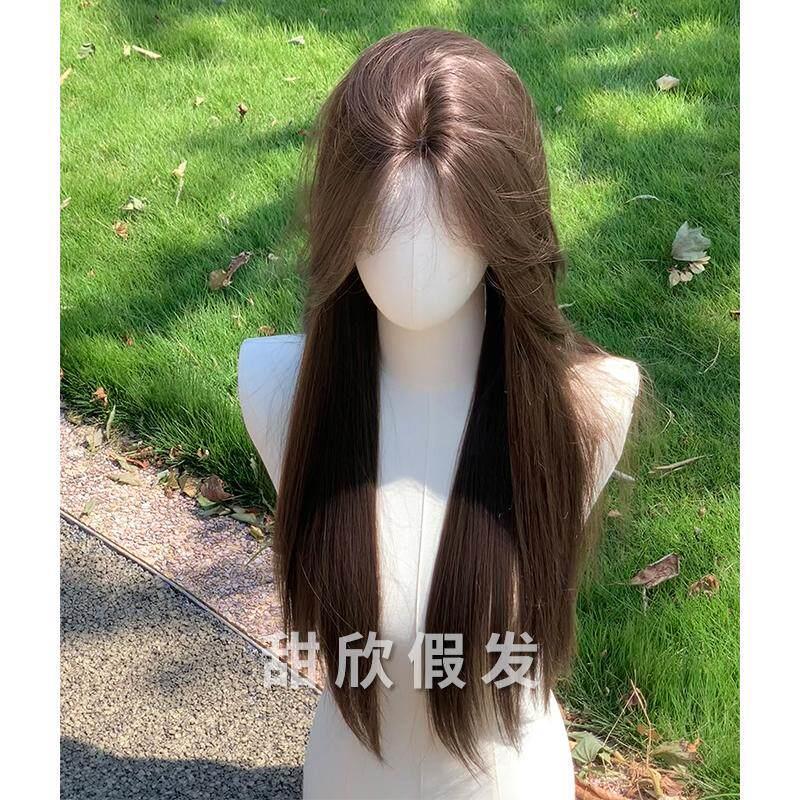 甜欣假发女小额j蕾丝冷棕色中分彷真全头套法式浏海氛围感长直发