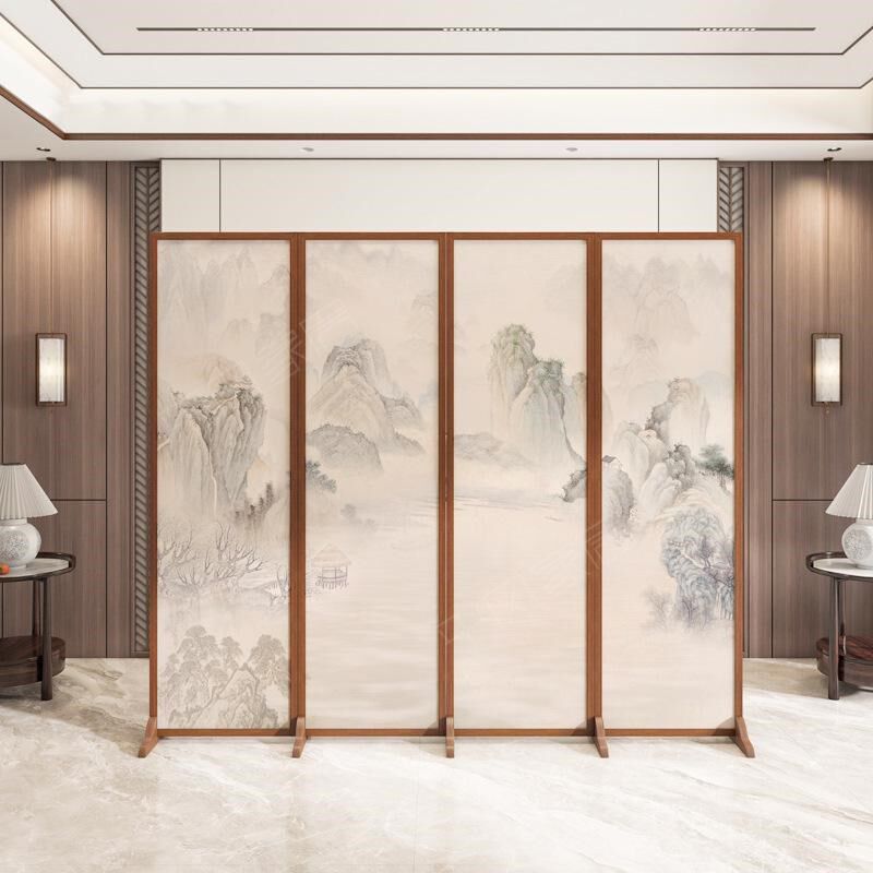 新中式原木折叠移动屏风加底座隔断办公室茶叶店酒店遮挡水墨国画