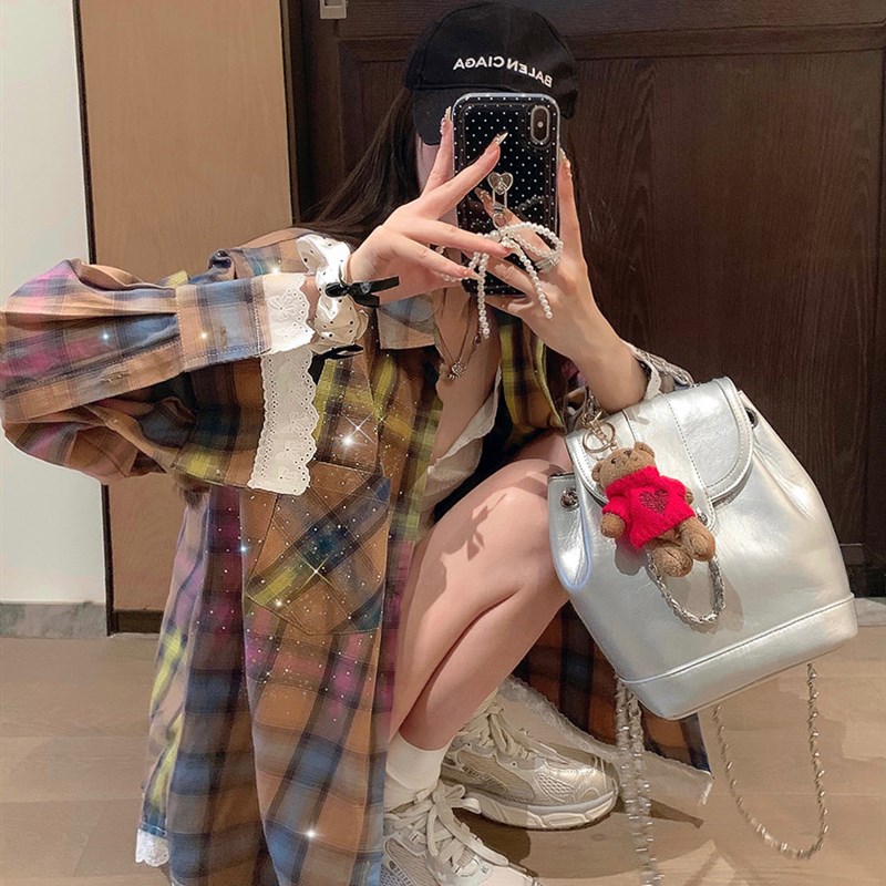 庄大泥 炫彩/格纹蕾丝边拼色扎染烫钻长袖衬衫女V设计感小众衬衣