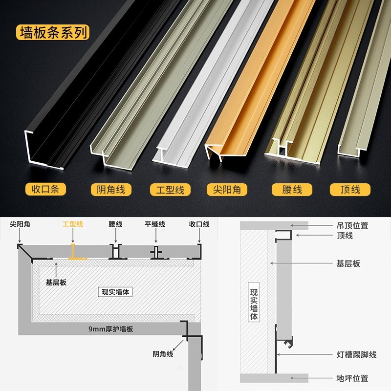 5/8/9/12/18mm护墙板铝合金收边口装饰线条/阴角V阳角腰线顶线收