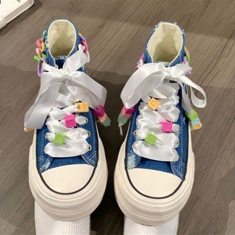 牛仔蓝高帮帆布鞋厚底增高2025夏天鞋子多巴胺配色休闲运动板鞋女