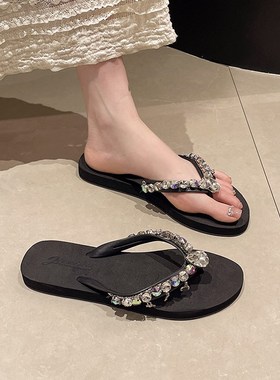 2024新品网红高档镶钻时尚人字拖女夏外出防滑夹趾凉拖平底沙滩鞋