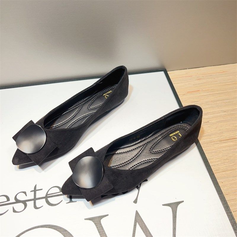 尖头平底鞋女2025春秋新款软底百搭黑色绒面浅口职业工作通勤单鞋,女鞋,浅口单鞋,淘宝优惠券,粉丝福利购,淘宝优惠卷