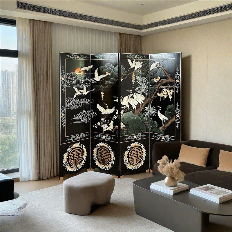 定制黑底中古花鸟屏风漆画 画手绘移动折屏客厅卧室玄关隔.断沙发