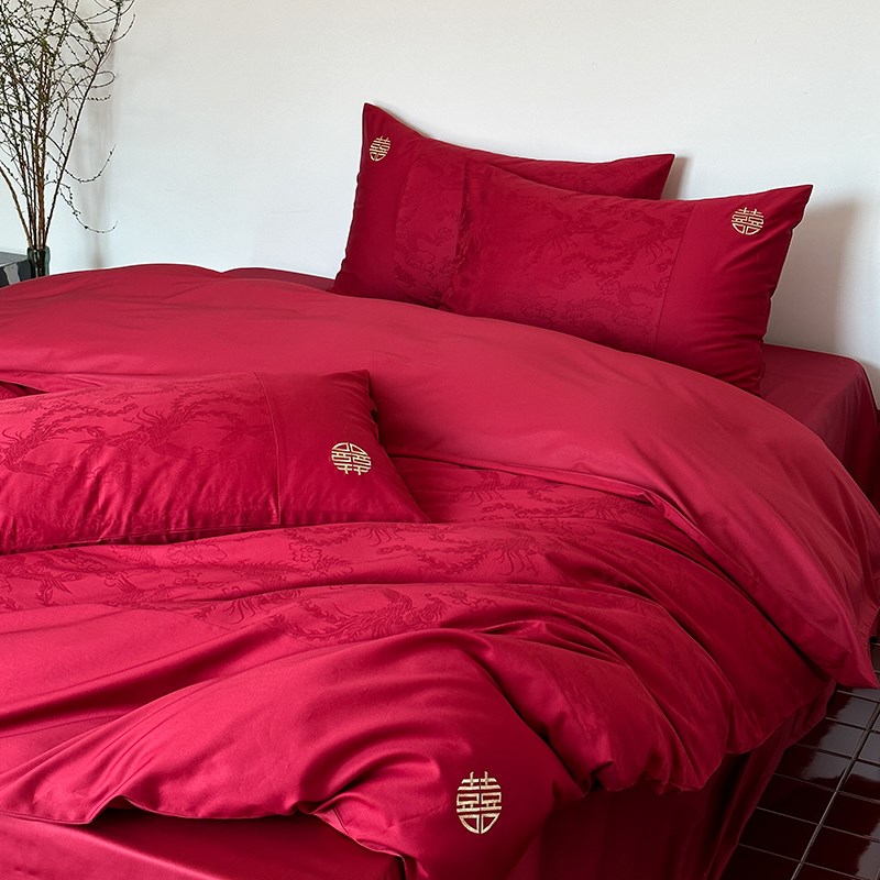 龙凤呈祥中式高级婚庆100s全棉四件套纯棉提花被套床单结婚六件套