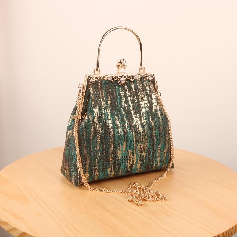 金线刮色 免裁免熨手工口金包DIY18浅金镶钻拎手梯形口金材料包